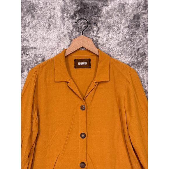 Reformation Shirt Small Womens Gold Crepe Long Sleeve Button Up Top - Picture 2 of 8